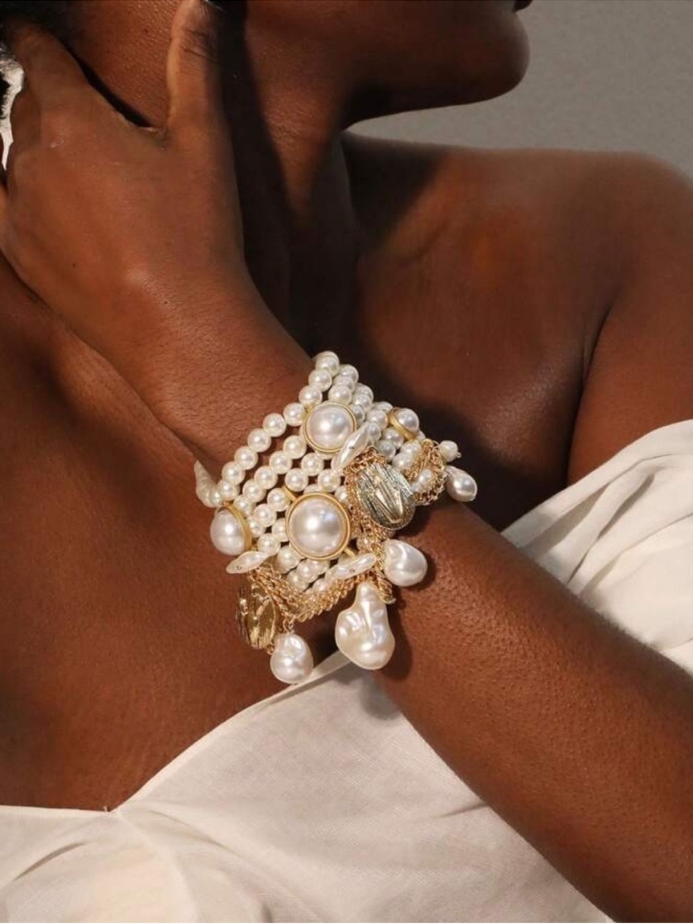 Baroque Pearl Couture Bracelet with Gold Charms